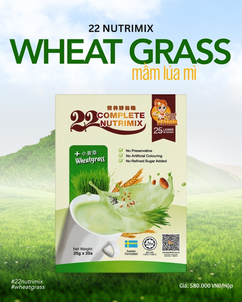 Bột ngũ cốc dinh dưỡng 22 Complete Nutrimix - Wheat Grass (Mầm lúa mì) - Hộp Giấy 625g